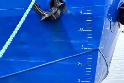 Draught marks painted in white on the bright blue hull of a ship, beside its anchor.